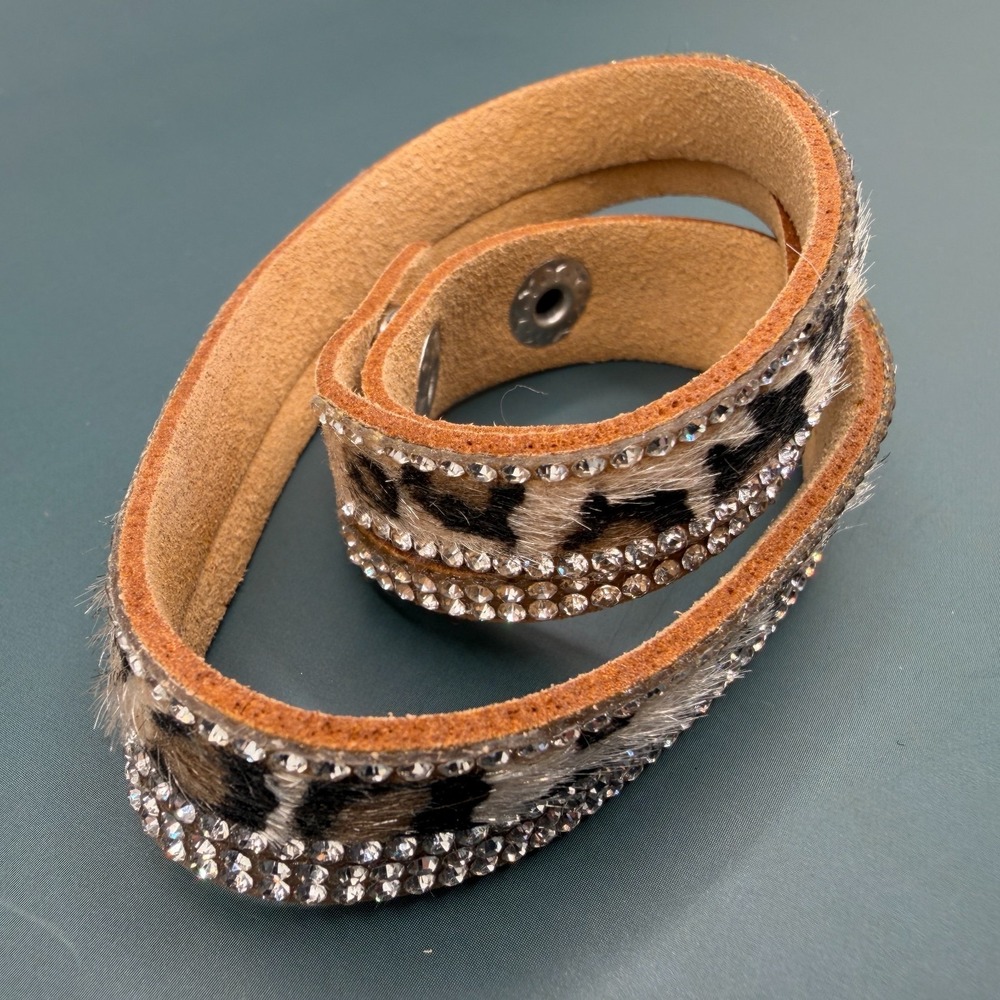 Leopard Print Rhinestone Wrap Bracelet Tan Suede Crystal Sparkle Boho Statement - Picture 5 of 13